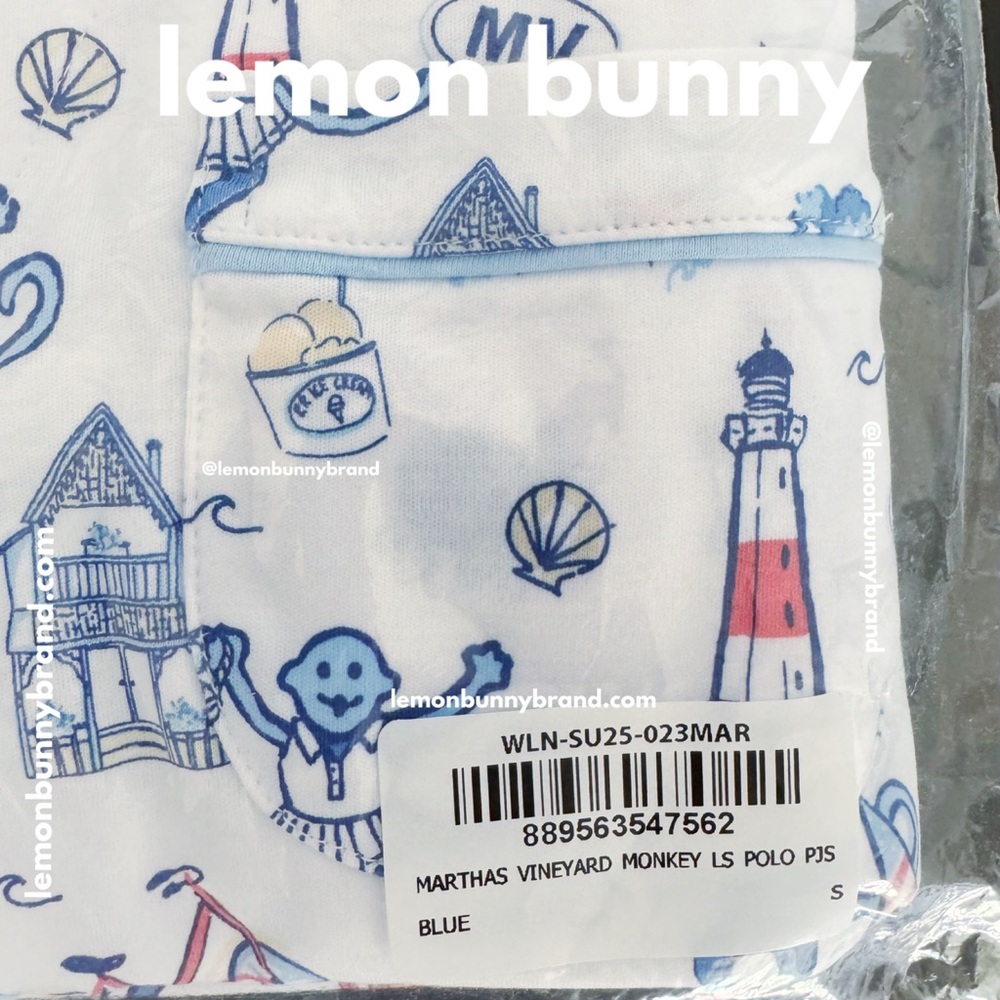 Roller Rabbit Martha’s Vineyard Monkey Long Sleeve Polo Pajamas Blue Sz Small - Picture 11 of 15